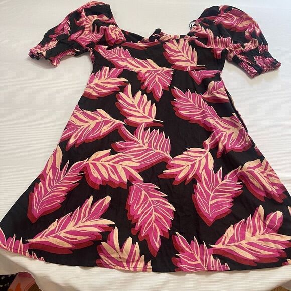 Who What Wear Pink Tropical Linen Puff Sleeve Dress Size Medium - Picture 10 of 11
